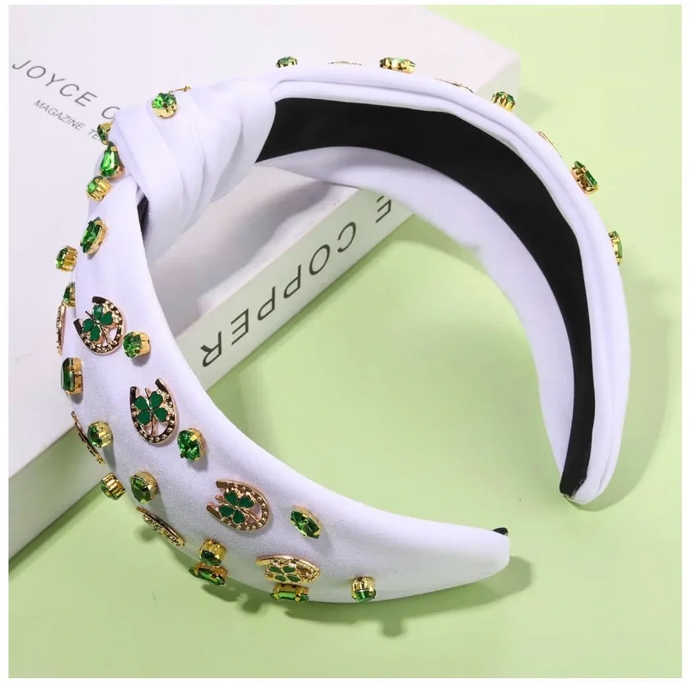 NWT White Knotted Headband with Green Gem Shamrock Horseshoe Accents